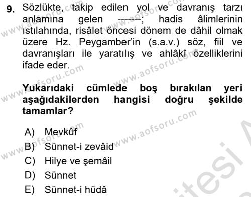 Hadis Dersi 2023 - 2024 Yılı (Vize) Ara Sınavı 9. Soru