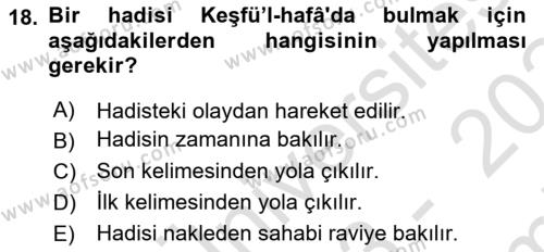 Hadis Dersi 2023 - 2024 Yılı (Final) Dönem Sonu Sınavı 18. Soru