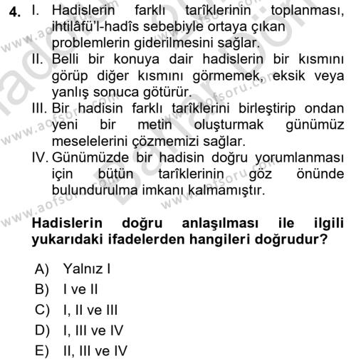 Hadis Dersi 2023 - 2024 Yılı (Final) Dönem Sonu Sınavı 4. Soru