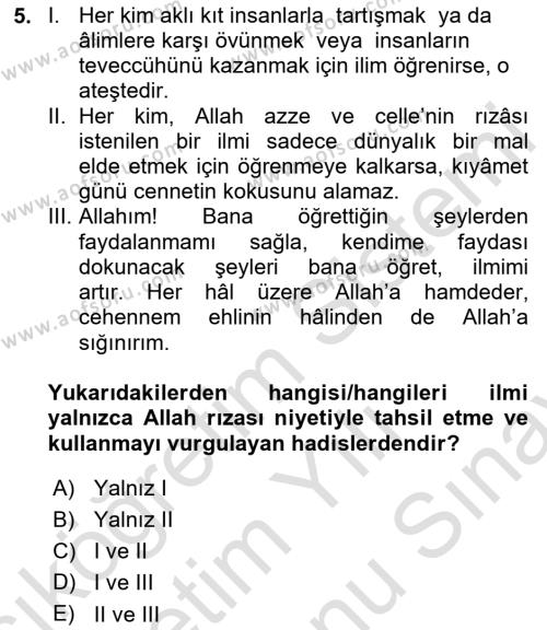 Hadis Dersi 2023 - 2024 Yılı (Final) Dönem Sonu Sınavı 5. Soru