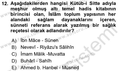 Hadis Dersi 2023 - 2024 Yılı Yaz Okulu Sınavı 12. Soru