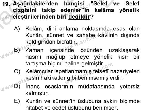 Kelam´a Giriş Dersi 2015 - 2016 Yılı (Final) Dönem Sonu Sınavı 19. Soru