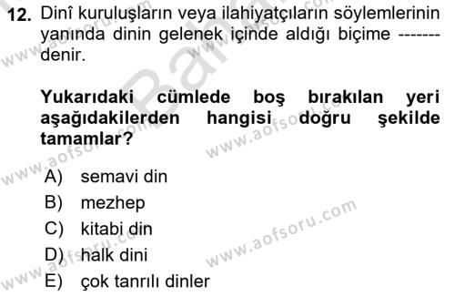 Din Sosyolojisi Dersi 2021 - 2022 Yılı (Final) Dönem Sonu Sınavı 12. Soru