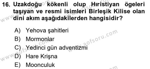 Din Sosyolojisi Dersi 2021 - 2022 Yılı (Final) Dönem Sonu Sınavı 16. Soru