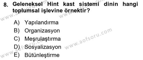 Din Sosyolojisi Dersi 2021 - 2022 Yılı Yaz Okulu Sınavı 8. Soru