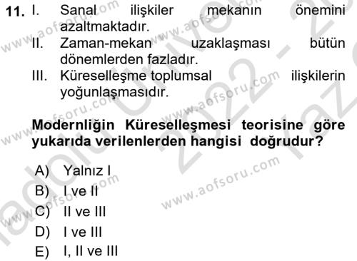 Din Sosyolojisi Dersi 2022 - 2023 Yılı Yaz Okulu Sınavı 11. Soru