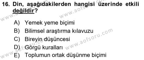 Din Sosyolojisi Dersi 2022 - 2023 Yılı Yaz Okulu Sınavı 16. Soru