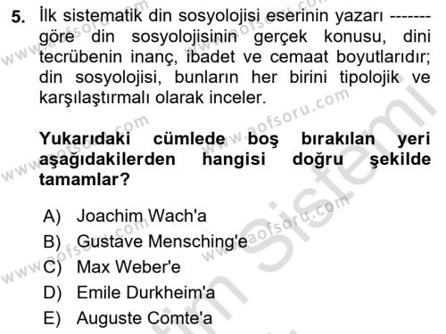 Din Sosyolojisi Dersi 2022 - 2023 Yılı Yaz Okulu Sınavı 5. Soru