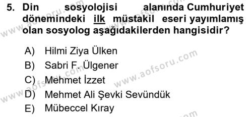 Din Sosyolojisi Dersi 2023 - 2024 Yılı (Vize) Ara Sınavı 5. Soru