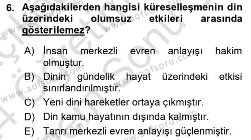 Din Sosyolojisi Dersi 2023 - 2024 Yılı (Final) Dönem Sonu Sınavı 6. Soru