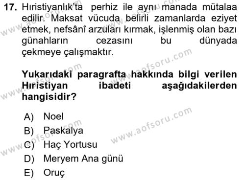 Yaşayan Dünya Dinleri Dersi 2020 - 2021 Yılı Yaz Okulu Sınavı 17. Soru