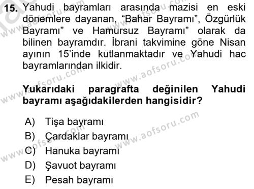 Yaşayan Dünya Dinleri Dersi 2022 - 2023 Yılı Yaz Okulu Sınavı 15. Soru