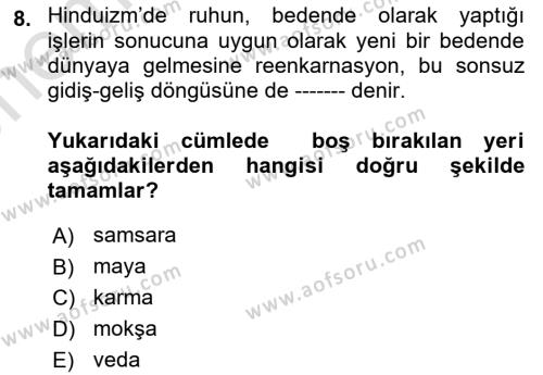 Yaşayan Dünya Dinleri Dersi 2023 - 2024 Yılı (Vize) Ara Sınavı 8. Soru