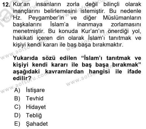 Din Eğitimi ve Din Hizmetlerinde Rehberlik Dersi 2020 - 2021 Yılı Yaz Okulu Sınavı 12. Soru