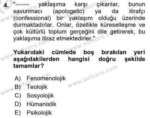 Din Eğitimi ve Din Hizmetlerinde Rehberlik Dersi 2020 - 2021 Yılı Yaz Okulu Sınavı 4. Soru