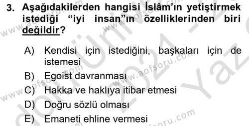 Din Eğitimi ve Din Hizmetlerinde Rehberlik Dersi 2021 - 2022 Yılı Yaz Okulu Sınavı 3. Soru