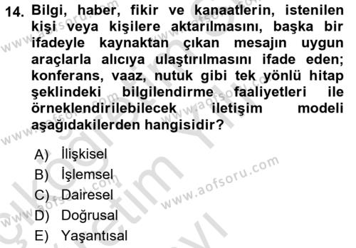 Din Eğitimi ve Din Hizmetlerinde Rehberlik Dersi 2022 - 2023 Yılı Yaz Okulu Sınavı 14. Soru