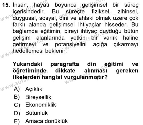 Din Eğitimi ve Din Hizmetlerinde Rehberlik Dersi 2023 - 2024 Yılı (Vize) Ara Sınavı 15. Soru