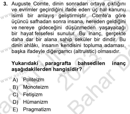 Din Eğitimi ve Din Hizmetlerinde Rehberlik Dersi 2023 - 2024 Yılı (Vize) Ara Sınavı 3. Soru