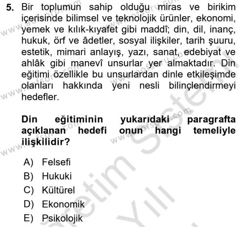 Din Eğitimi ve Din Hizmetlerinde Rehberlik Dersi 2023 - 2024 Yılı (Vize) Ara Sınavı 5. Soru