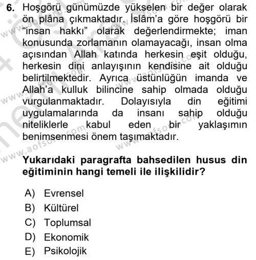 Din Eğitimi ve Din Hizmetlerinde Rehberlik Dersi 2023 - 2024 Yılı (Vize) Ara Sınavı 6. Soru