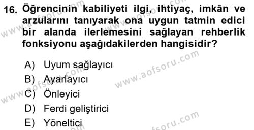 Din Eğitimi ve Din Hizmetlerinde Rehberlik Dersi 2023 - 2024 Yılı (Final) Dönem Sonu Sınavı 16. Soru