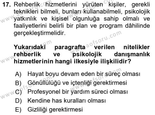 Din Eğitimi ve Din Hizmetlerinde Rehberlik Dersi 2023 - 2024 Yılı (Final) Dönem Sonu Sınavı 17. Soru