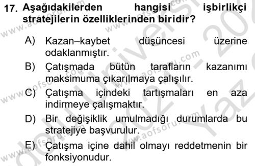 Bireyler Arası İletişim Dersi 2021 - 2022 Yılı Yaz Okulu Sınavı 17. Soru