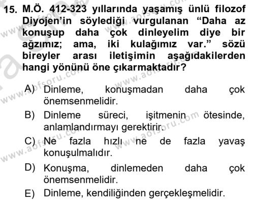 Bireyler Arası İletişim Dersi 2023 - 2024 Yılı (Vize) Ara Sınavı 15. Soru