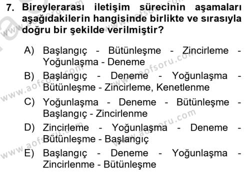 Bireyler Arası İletişim Dersi 2023 - 2024 Yılı (Vize) Ara Sınavı 7. Soru