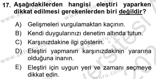 Bireyler Arası İletişim Dersi 2023 - 2024 Yılı (Final) Dönem Sonu Sınavı 17. Soru