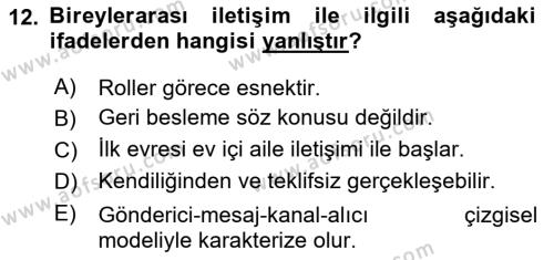 Bireylerarası İletişim Dersi 2018 - 2019 Yılı 3 Ders Sınavı 12. Soru