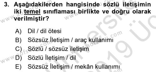 Bireylerarası İletişim Dersi 2018 - 2019 Yılı 3 Ders Sınavı 3. Soru