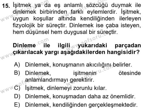 Bireylerarası İletişim Dersi 2018 - 2019 Yılı (Vize) Ara Sınavı 15. Soru