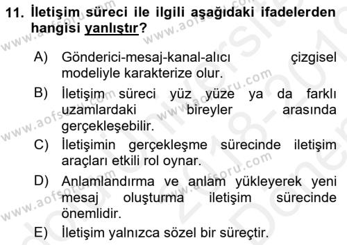 Bireylerarası İletişim Dersi 2018 - 2019 Yılı (Final) Dönem Sonu Sınavı 11. Soru