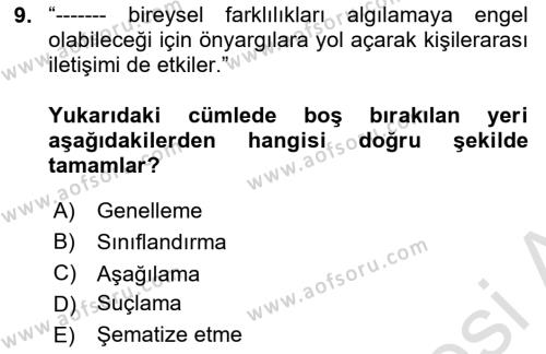 Bireylerarası İletişim Dersi 2019 - 2020 Yılı (Final) Dönem Sonu Sınavı 9. Soru