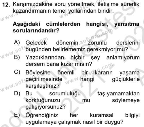 Bireylerarası İletişim Dersi 2021 - 2022 Yılı (Vize) Ara Sınavı 12. Soru