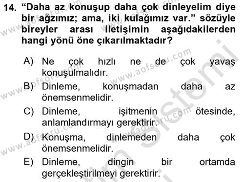 Bireylerarası İletişim Dersi 2021 - 2022 Yılı (Vize) Ara Sınavı 14. Soru