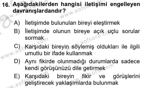 Bireylerarası İletişim Dersi 2021 - 2022 Yılı (Vize) Ara Sınavı 16. Soru