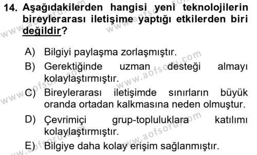 Bireylerarası İletişim Dersi 2021 - 2022 Yılı Yaz Okulu Sınavı 14. Soru