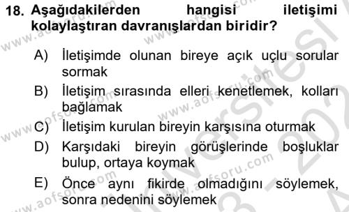 Bireylerarası İletişim Dersi 2023 - 2024 Yılı (Vize) Ara Sınavı 18. Soru