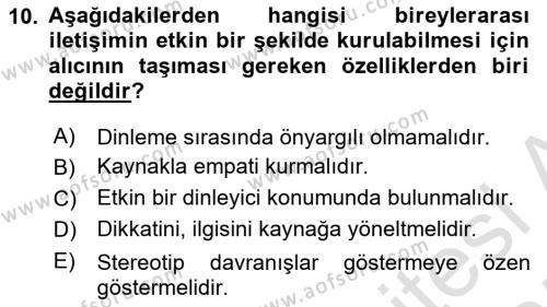 Bireylerarası İletişim Dersi 2024 - 2025 Yılı (Vize) Ara Sınavı 10. Soru