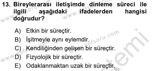 Bireylerarası İletişim Dersi 2024 - 2025 Yılı (Vize) Ara Sınavı 13. Soru