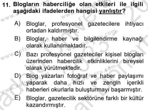 Yeni İletişim Teknolojileri Dersi 2023 - 2024 Yılı (Final) Dönem Sonu Sınavı 11. Soru