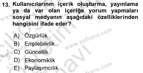 Yeni İletişim Teknolojileri Dersi 2023 - 2024 Yılı Yaz Okulu Sınavı 13. Soru