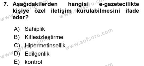 Yeni İletişim Teknolojileri Dersi 2023 - 2024 Yılı Yaz Okulu Sınavı 7. Soru