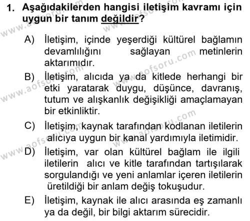 İletişim Bilgisi Dersi 2022 - 2023 Yılı Yaz Okulu Sınavı 1. Soru