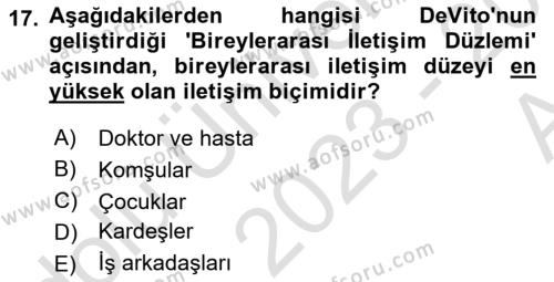 İletişim Bilgisi Dersi 2023 - 2024 Yılı (Vize) Ara Sınavı 17. Soru