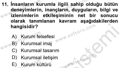 Kurumsal Kimlik Ve İmaj Yönetimi Dersi 2023 - 2024 Yılı (Vize) Ara Sınavı 11. Soru