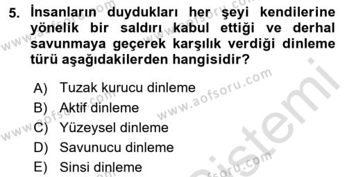 Sağlık Kurumlarında İletişim Dersi 2022 - 2023 Yılı Yaz Okulu Sınavı 5. Soru